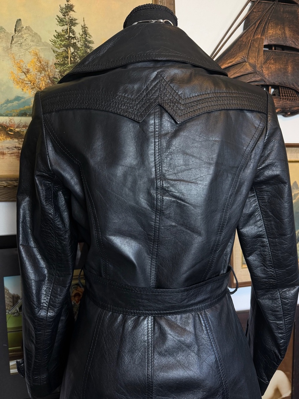 Vintage 1970s-80s Black Leather Belted Trench Coat XS-S - Picture 11 of 15